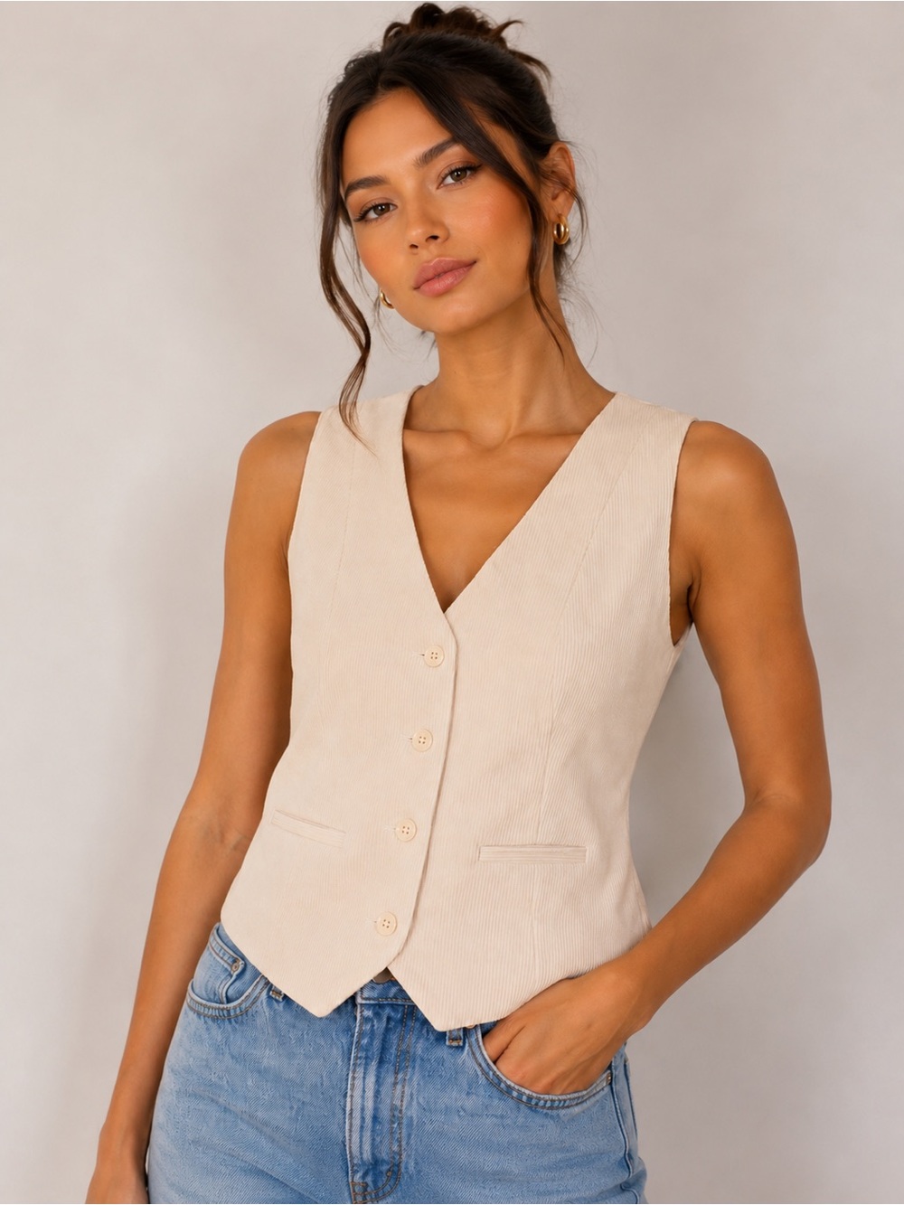 HOUSE OF HARLOW Corduroy Sleeveless V-Neck Button Front Vest Top in Cream